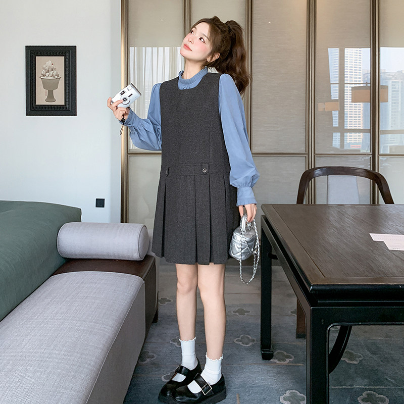 现货高品质蓝色衬衫+毛呢裙两件套装159-736P165K248,女装套装/套裙,浙宝159