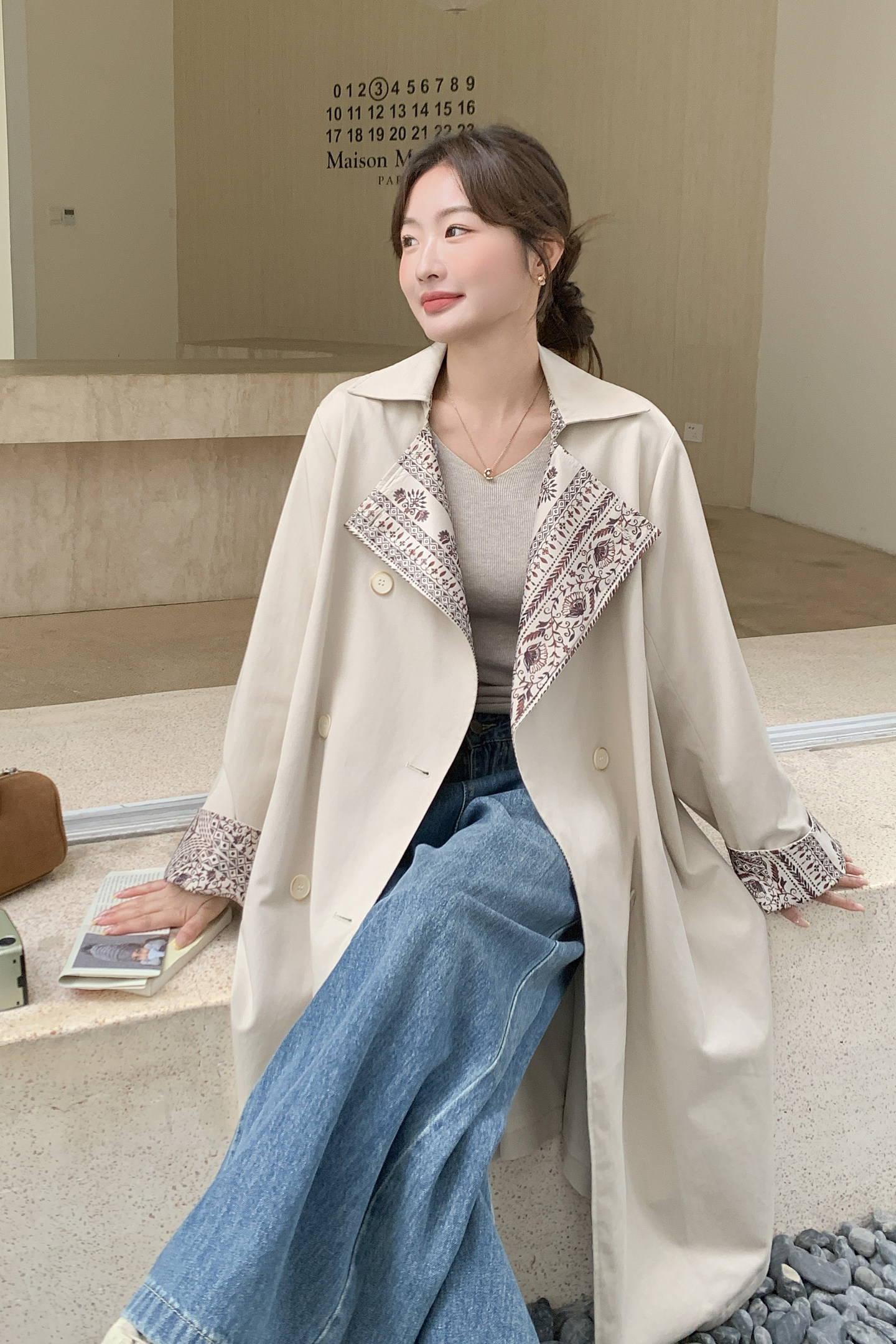 新款通勤风2026春装米白色宽松风衣长款159-2602P185K298,女装风衣,浙宝159