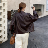 新款！红咖色短款韩系PU休闲皮衣159-531P145K218，女装皮衣，浙宝159