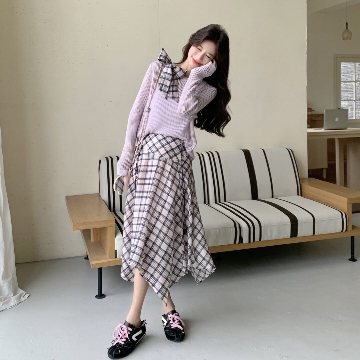 新款！针织衫上衣+格子半身裙两件套套装159-2607P165K268,女装套装/套裙,浙宝159