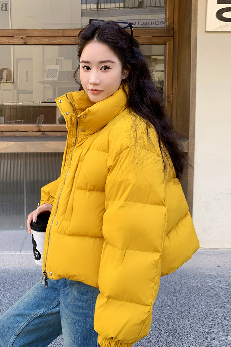 黄色小个子立领羽绒服女冬季新款韩系减龄加厚保暖90白鸭绒面包服,女装羽绒服,浙宝159