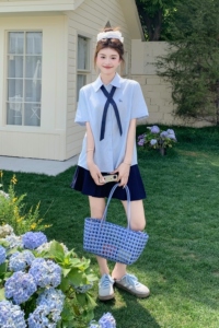 现货 学院风JK条纹衬衫半身裙裤两件套装女159-785P145K208图片