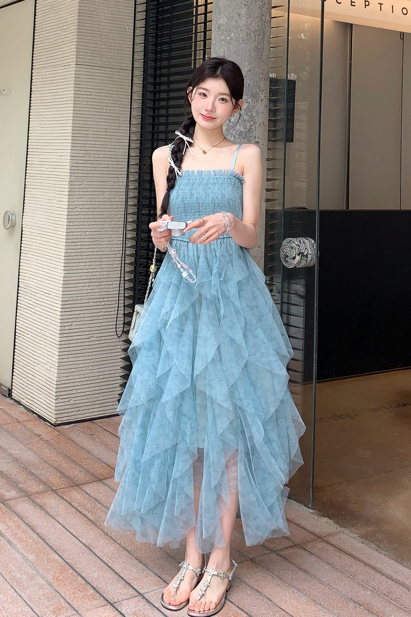 新款！蓝色网沙吊带连衣裙159-2616P135K218,女装连衣裙,浙宝159