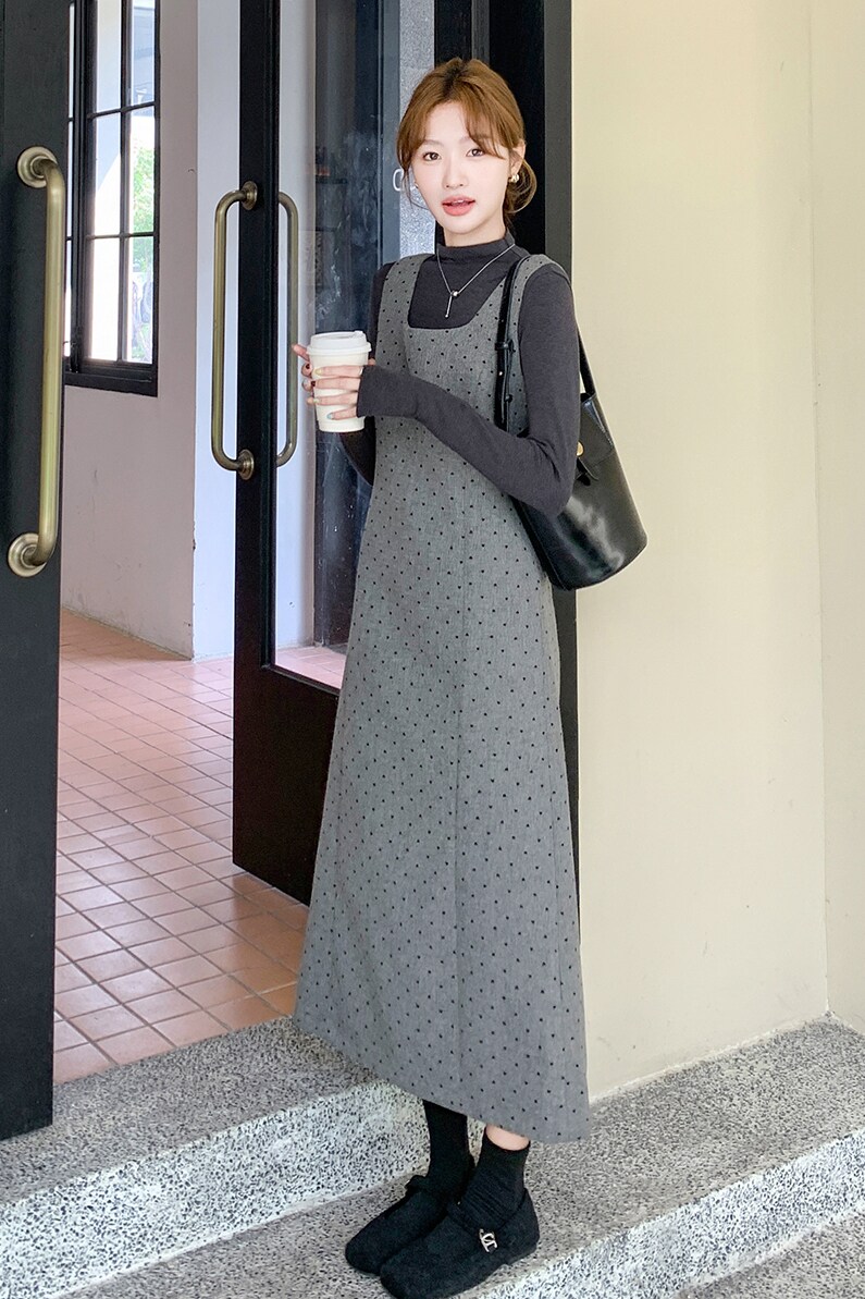 韩系高级气质灰色波点背心连衣裙女2025春秋超火巨好看长裙两级套,女装套装/套裙,浙宝159