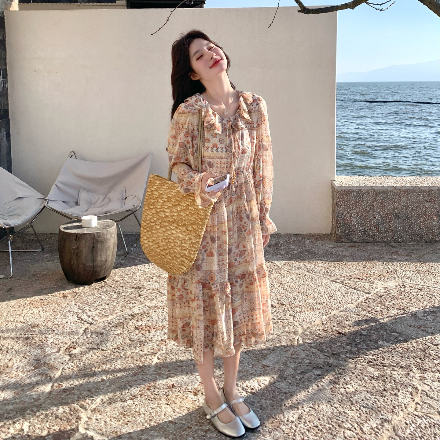 新款！度假风印花高腰连衣裙159-2604P145K238,女装连衣裙,浙宝159