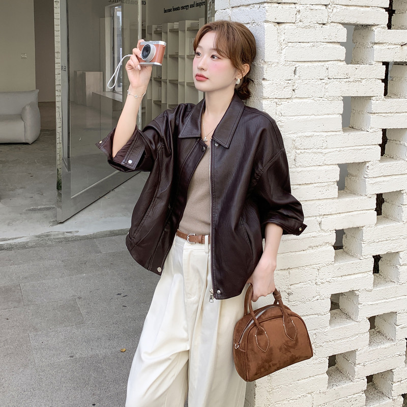 美式复古翻领皮衣外套女2025秋新款短款宽松高级感小个子酷飒夹克,女装皮衣,浙宝159