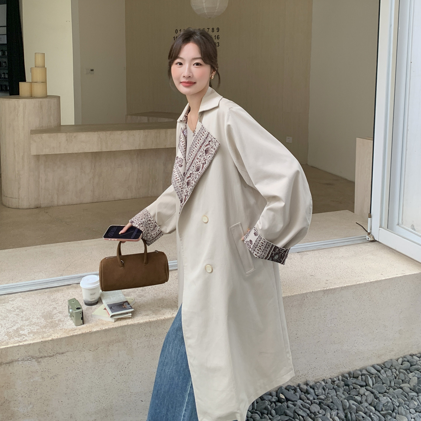 新款2026春装米白色宽松风衣长款159-2602P185K298,女装风衣,浙宝159