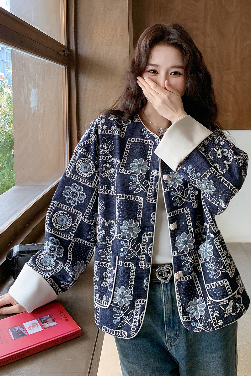 现货新中式风仿牛仔亮片盘扣刺绣外套女,女装短外套,浙宝159