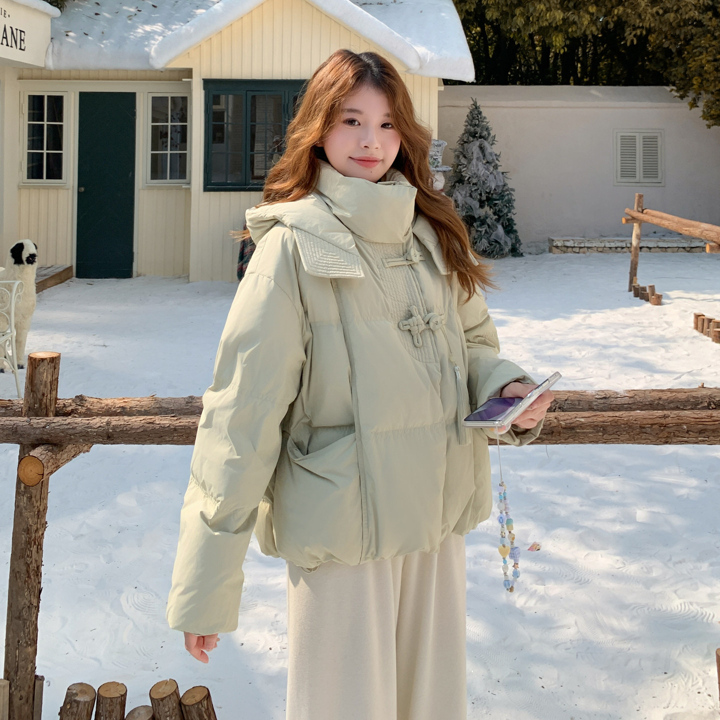 新款！浅绿色短款新中式羽绒服90白鸭绒外套159-543P285K428,女装羽绒服,浙宝159