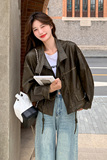 美式复古风咖色短款机车外套女春秋2025超火好看港风PU皮夹克上衣，女装皮衣，浙宝159