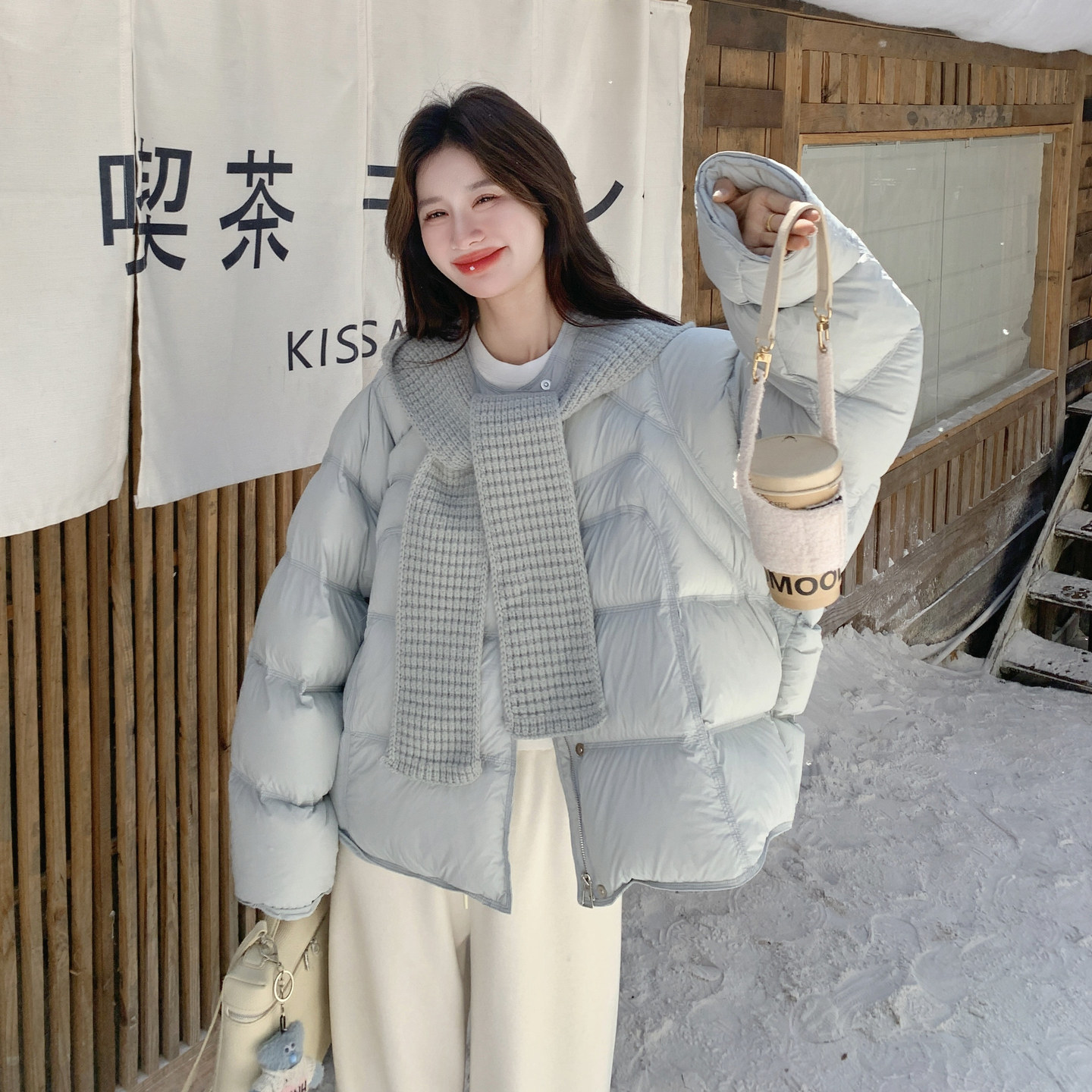 现货！泡芙蓝色带针织帽子加厚90白鸭绒羽绒服159-556P355K528,女装羽绒服,浙宝159