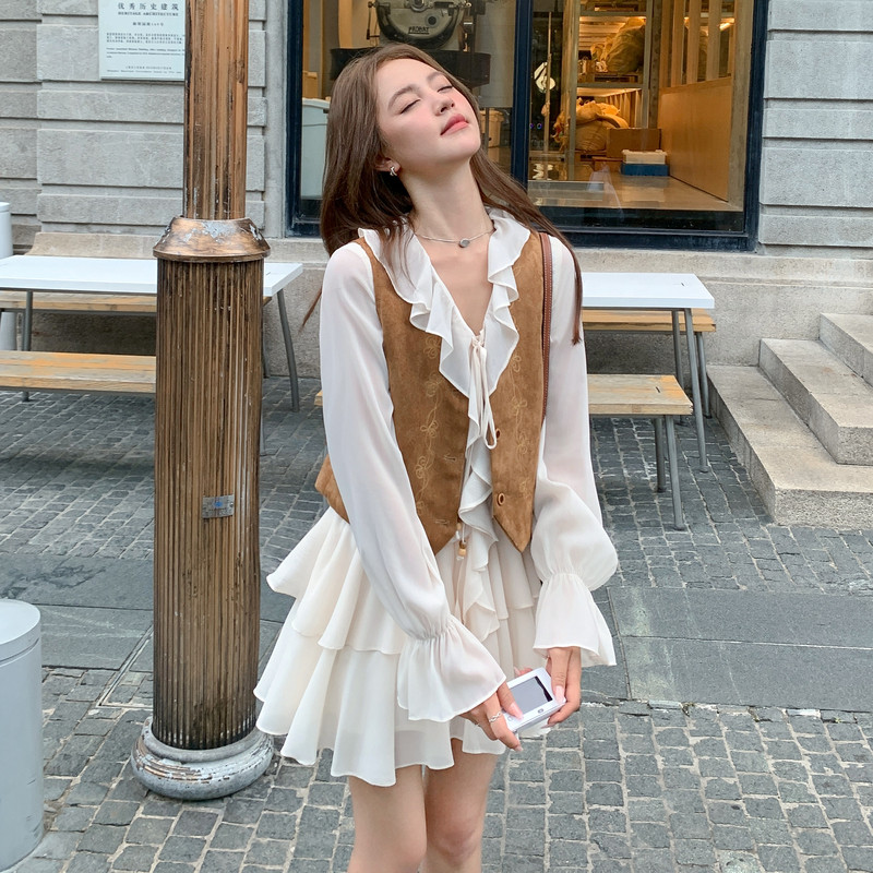 现货新款！法式木耳边连衣裙+马甲套装女两件套159-516P155K228，女装套装/套裙，浙宝159