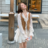 现货新款！法式木耳边连衣裙+马甲套装女两件套159-516P155K228，女装套装/套裙，浙宝159