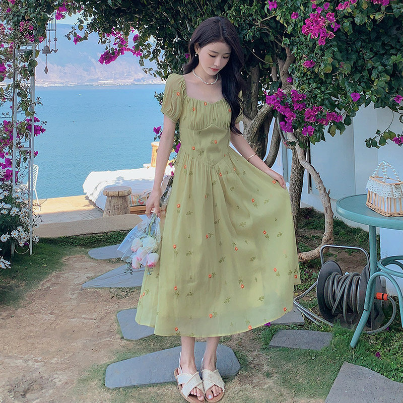 现货！法式绿色仙女连衣裙泡泡袖刺绣裙子159-8908P115K168，女装连衣裙，浙宝159