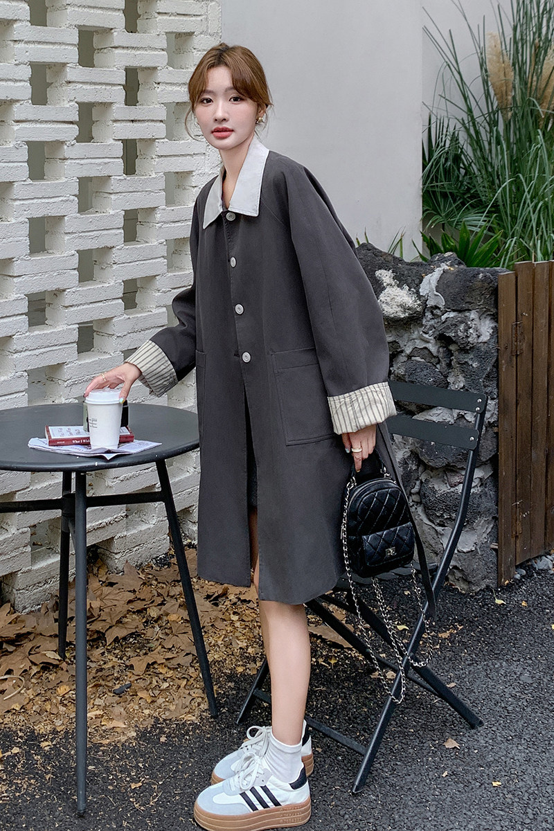 高级感灰色风衣外套女2024秋季新款韩系撞色翻领休闲小个子大衣潮,女装风衣,浙宝159