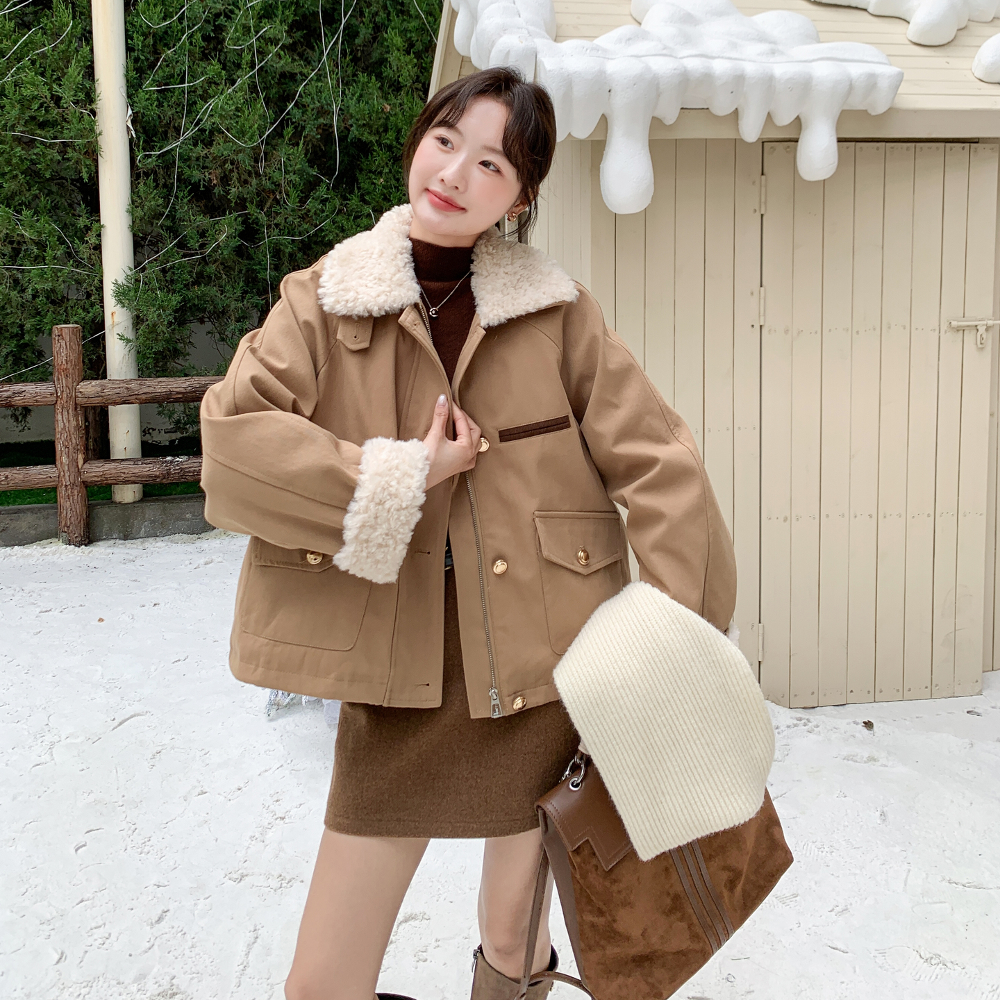 新款！卡其色羊羔毛90白鸭绒羽绒服外套159-560P275K418，女装羽绒服，浙宝159