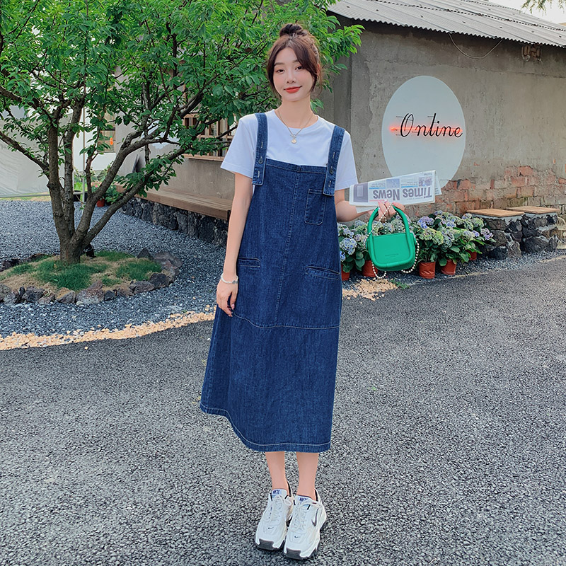 盐系甜美减龄工装牛仔背带裙女夏学院风宽松大码显瘦孕妇连衣裙,女装连衣裙,浙宝159