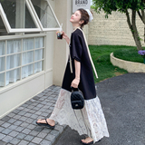 2025新款韩版设计感时尚简约休闲圆领短袖米奇T恤蕾丝拼接连衣裙，商品下架区，浙宝159