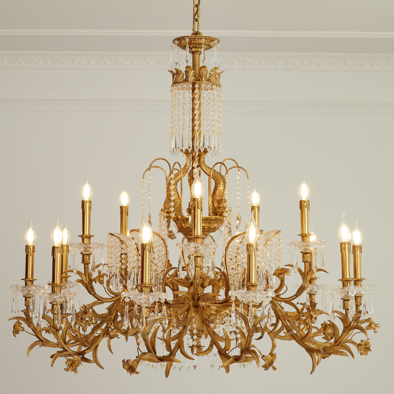 法式奢华复古别墅复式楼客厅全铜水晶蜡烛吊灯欧式古典脱蜡铜灯具