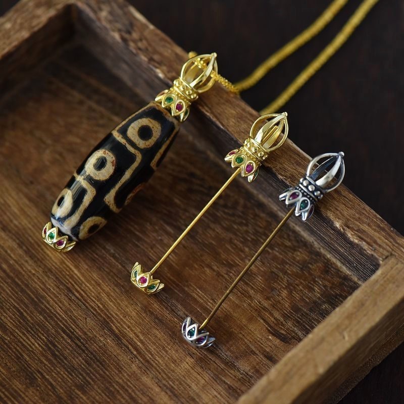 S925纯银天珠扣头竖穿吊坠空托男女款可拧开DIY镶嵌玉石桶珠圆珠