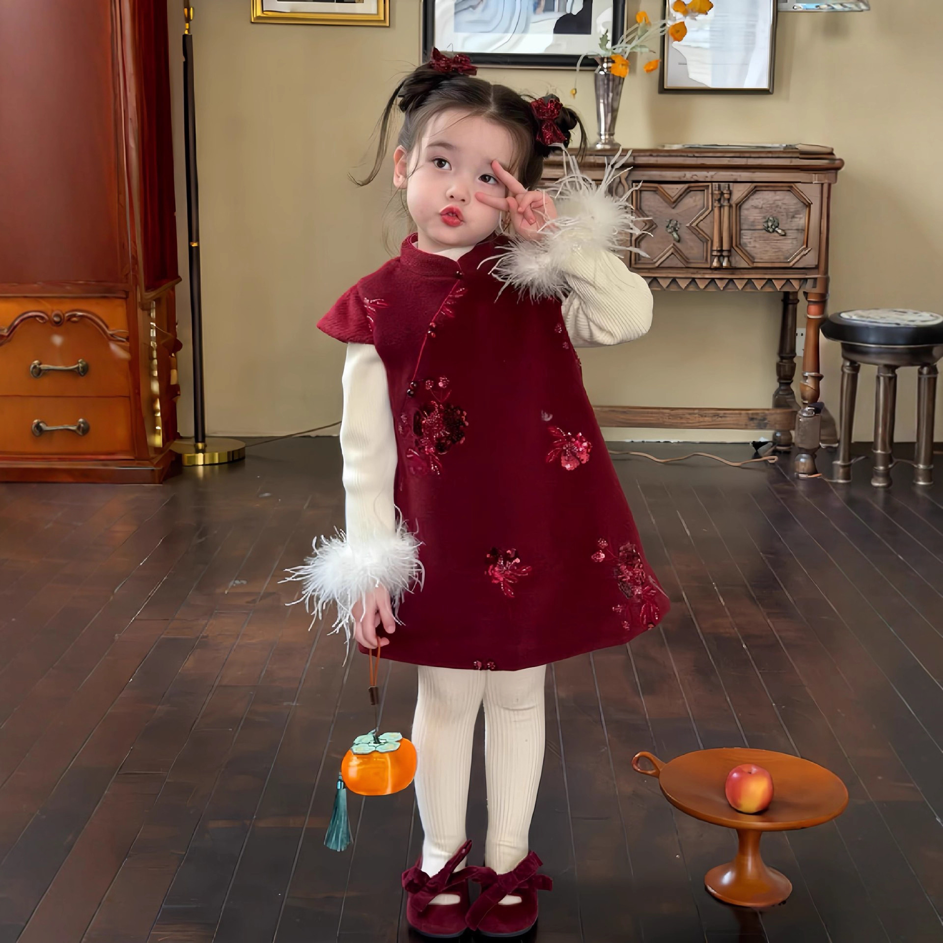 女童拜年服旗袍2025冬季儿童中式唐装背心裙女宝新年装国风连衣裙