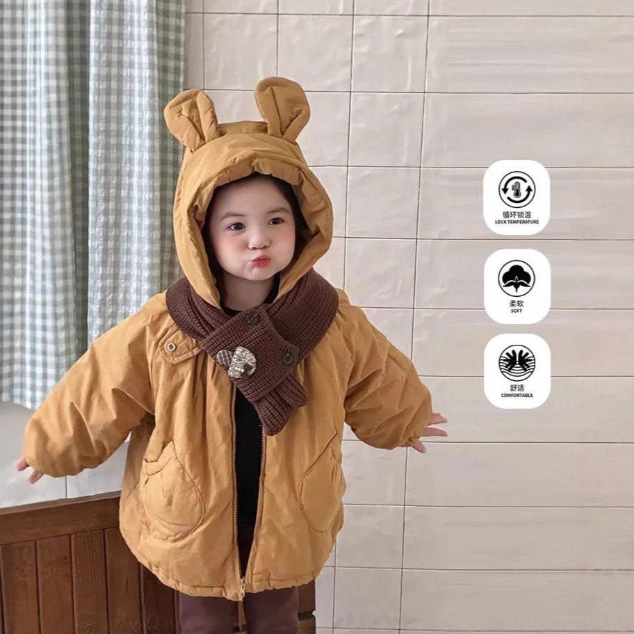 女童棉服冬季2024新款韩版可爱加绒加厚棉衣兔耳朵戴围巾棉衣外套