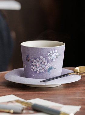 家用陶瓷猪口杯手绘紫色绣球花喝茶杯子马可杯咖啡杯茶具功夫茶具