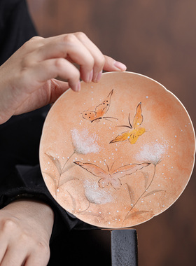 手绘高颜值橙色蝴蝶壶承高档陶瓷托盘家用干泡盘茶具配件隔热垫