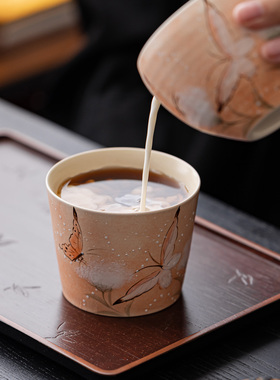 精致手绘橙色蝴蝶猪口杯高颜值办公室咖啡杯茶杯可乐杯功夫茶具