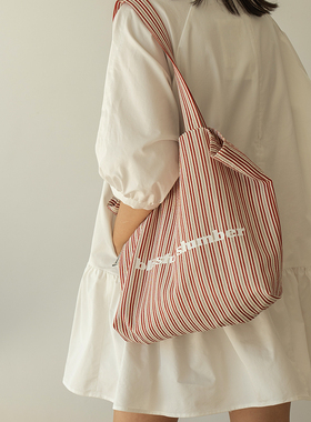 MOREGOOL 24/FW原创 法式红色条纹印花单肩帆布包 轻便棉托特包