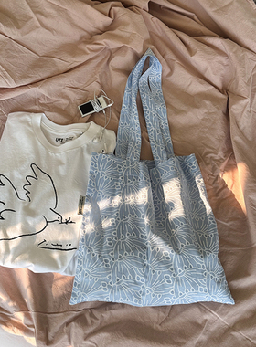 MOREGOOL 25/SS 原创湖蓝色花朵印花帆布包 日常大容量托特电脑包