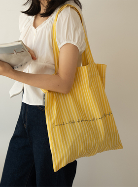 MOREGOOL 24/FW 原创奶酪黄梅粉色条纹印花单肩帆布包 轻便帆布包