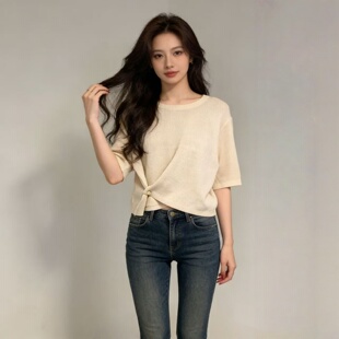 2026夏季五分袖针织衫女 设计感小众侧扣宽松显瘦圆领薄款上衣