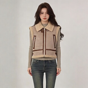 2026秋冬新款麂皮绒+仿羊羔毛马甲女短款 外搭复古机车风背心外套