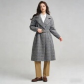 领收腰宽松中长款 2026秋冬高级感灰色格纹毛呢大衣女 西装 外套