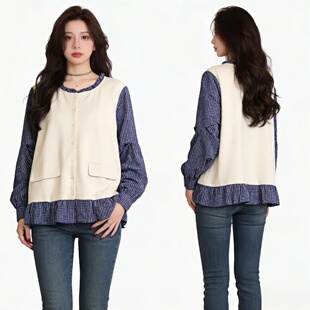 开衫 学院风百搭显瘦长袖 上衣 女 2026春秋复古格纹拼接宽松衬衫