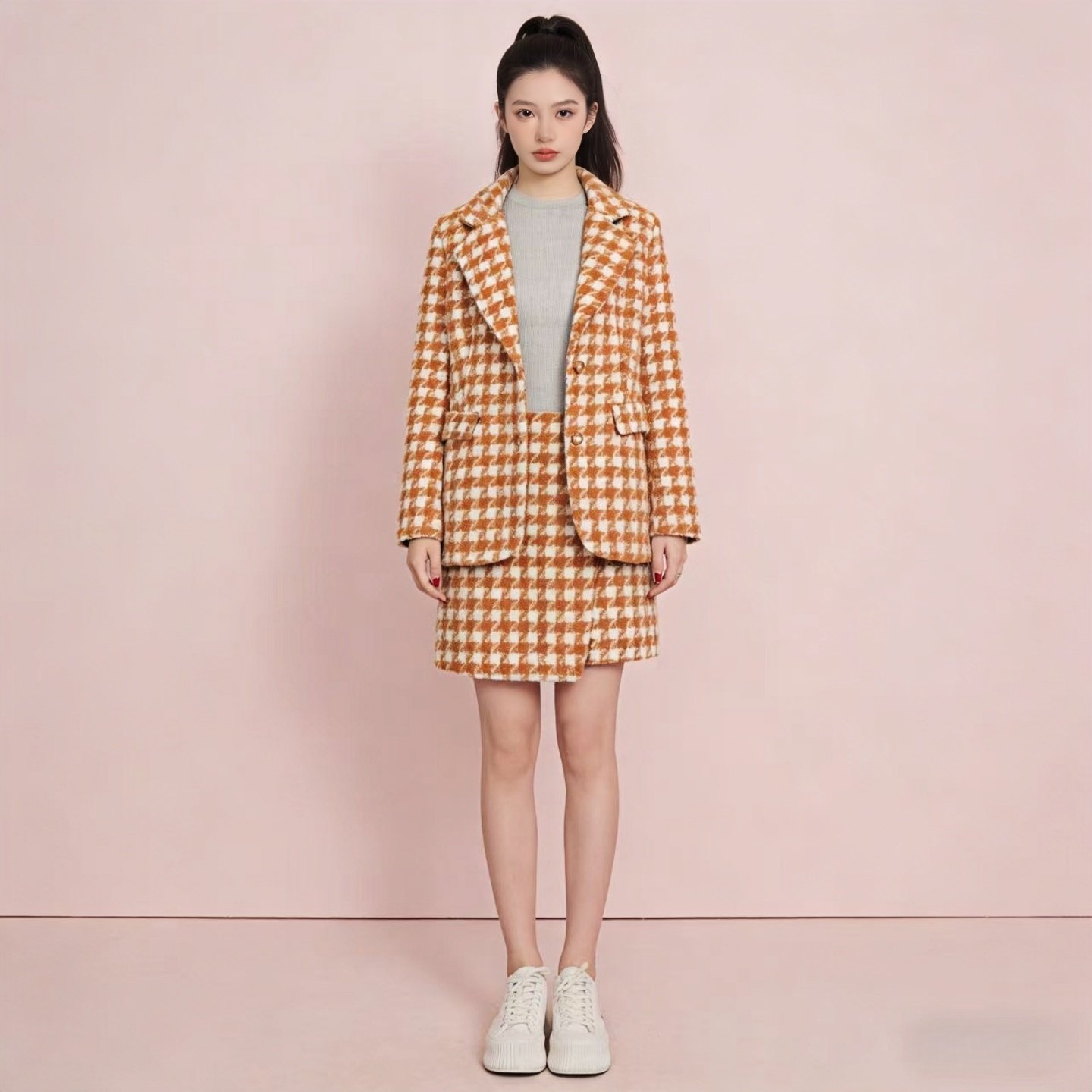 2025新款橙白格纹加厚毛呢套装女 长袖西装外套高腰A字短裙两件套,女装/女士精品,时尚套装,淘宝优惠券,粉丝福利购,淘宝优惠卷