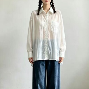 白色宽松衬衫女夏 薄款微透防晒衬衣韩系oversize慵懒风长袖上衣