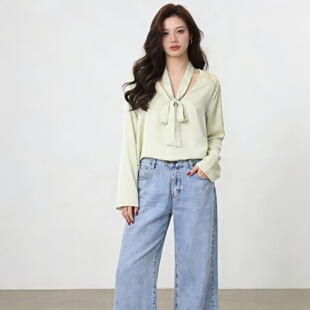 2026春夏飘带蕾丝衬衫女 温柔风V领宽松显瘦长袖短款仿真丝上衣