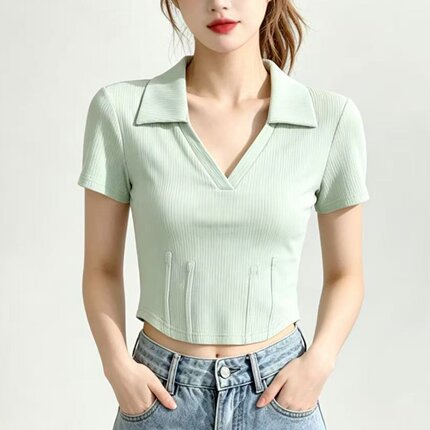 2026夏季polo领短袖t恤女 纯欲风V领收腰辣妹修身显瘦短款上衣