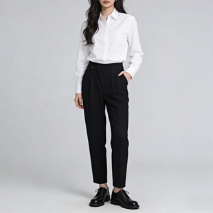 裤 2026春秋加厚毛呢休闲裤 松紧腰保暖西装 高腰显瘦九分锥形裤 女