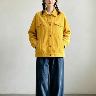 姜黄色工装风灯芯绒外套女 春秋宽松复古夹克 百搭显瘦休闲上衣