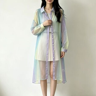 2026夏季渐变彩虹透视防晒衬衫连衣裙女 薄款宽松中长款外搭开衫