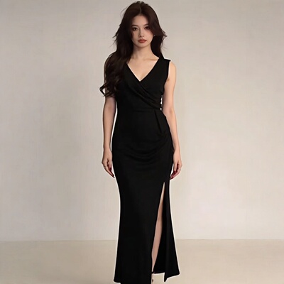 春夏V领无袖收腰显瘦礼服连衣裙