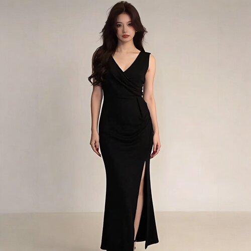 春夏V领无袖收腰显瘦礼服连衣裙