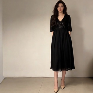 2026新款春夏亮片连衣裙女 V领高腰中袖雪纺拼接宴会气质长裙