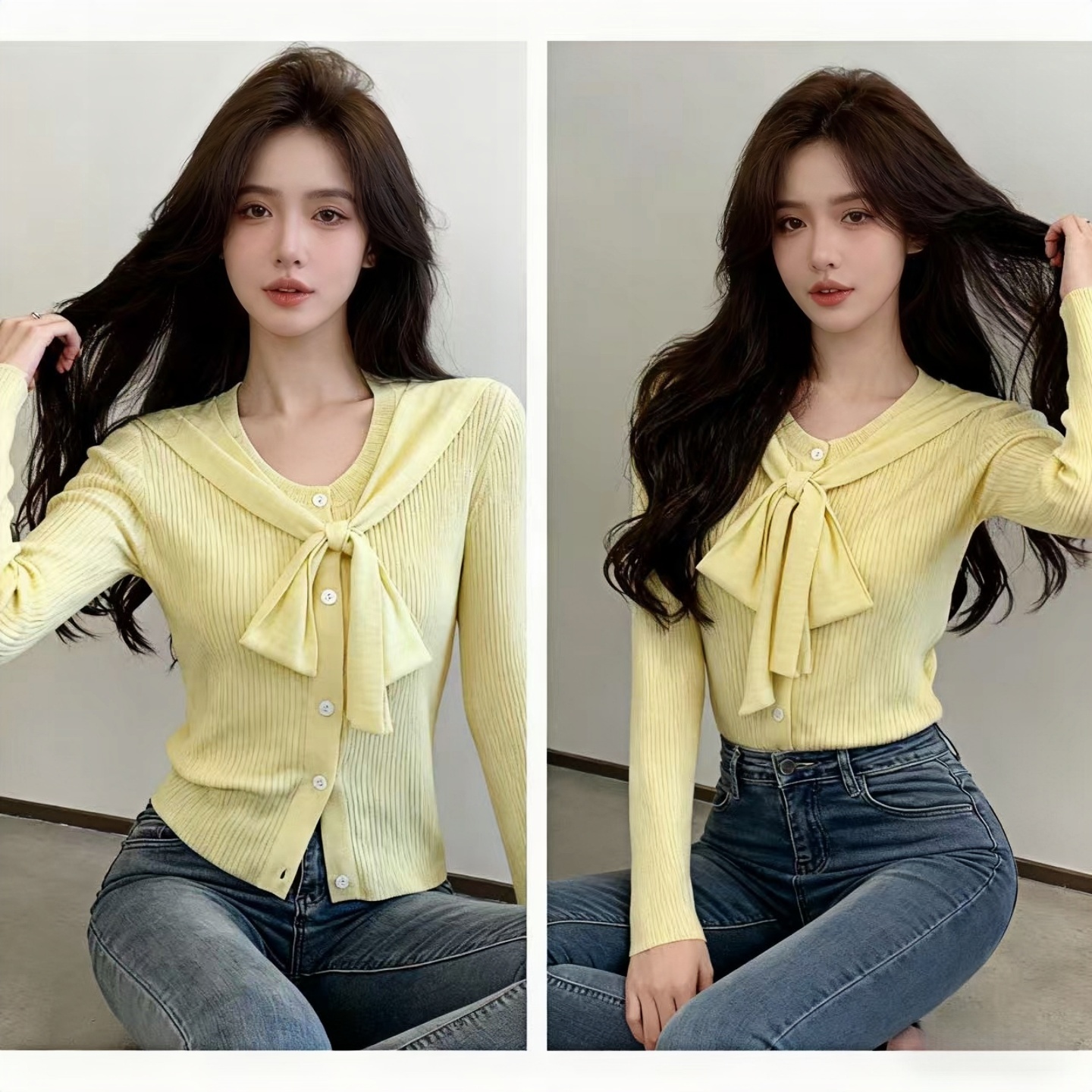 春秋海军领蝴蝶结减龄针织开衫女