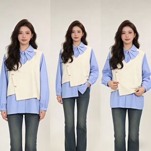 宽松显瘦娃娃领上衣设计感小众衬衣 新款 假两件拼接衬衫 女2026春季