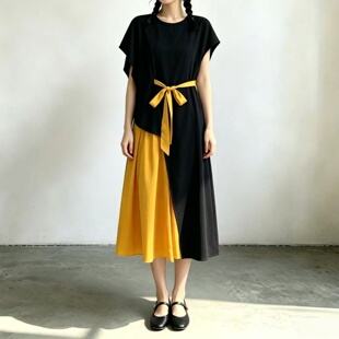 2026夏季撞色连衣裙女 盖肩小飞袖不对称拼接系带收腰气质中长裙