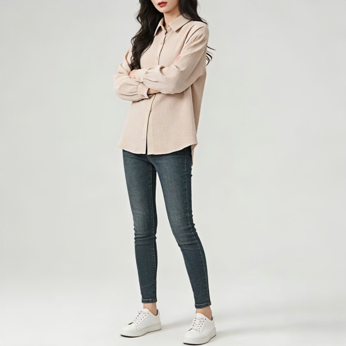 2026春夏季新款浅杏色华夫格衬衫女宽松慵懒风肌理感长袖休闲衬衣